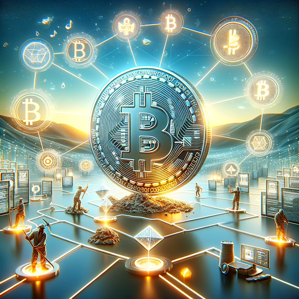 DALL·E 2024 03 18 09.50.59 Visualize the basic concept of Bitcoin incorporating its core elements in a creative and informative way. The scene is set on a digital landscape back