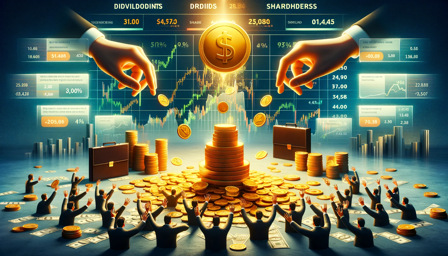 DALL·E 2024 03 18 12.47.37 Create a wide image that visually explains the concept of stock dividends in an engaging and intuitive way. The scene is set in a financial landscape